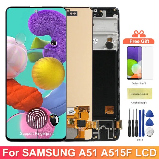 Pantalla Super AMOLED A51 con huella dactilar, reemplazo del digitalizador de pantalla táctil de pantalla Lcd para Samsung Galaxy A51 A515 A515F